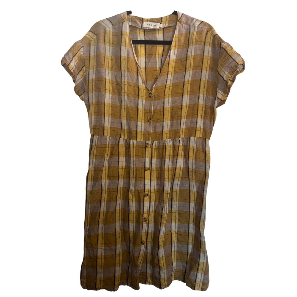 Indi & Cold Yellow Plaid Linen Blend Button Front Dress Womens L